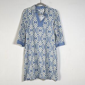 Foxcroft Easy Care Tunic Dress Womens Sz M Blue Geo Print 3/4 Sleeves Stretch